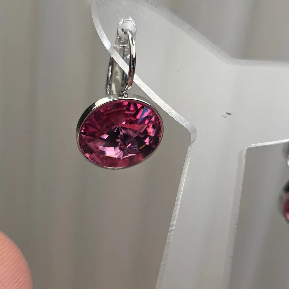 NEW Rose MedPink SwarovskiElements Crystal LeverbackEarrings13mmPlatinum Plated!